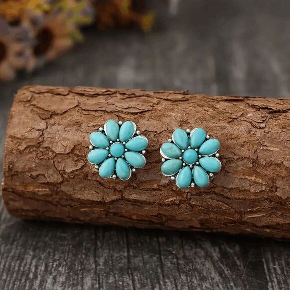 Western Boho Flower Turquoise Stud Earrings - Picture 3 of 5